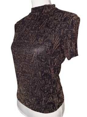 MONKI Women’s mock neck short sleeved black blouse top with golden glimmer